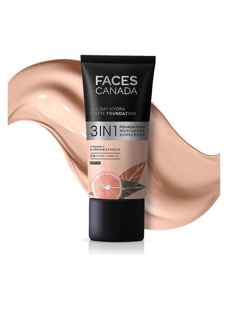 FACESCANADA All Day Hydra Matte Foundation 3 In 1 Foundation  Moisturizer Cream  Spf 30  24 Hr Aloe Hydration and Vitamin C 10Hr Long Wear Medium To High Buildable Coverage Rose Ivory 011 25Ml