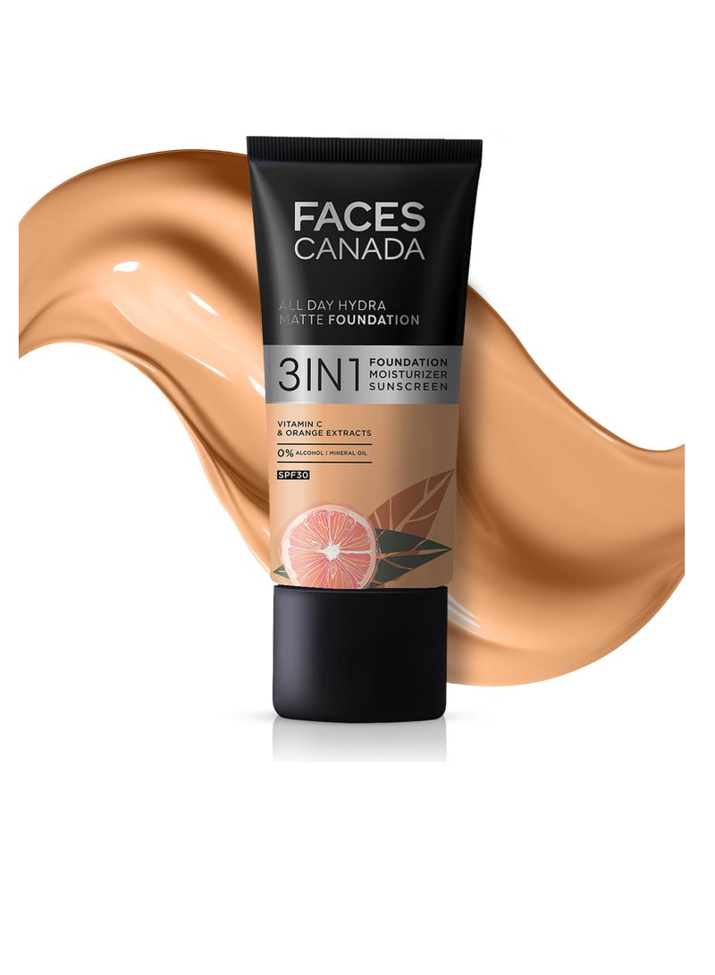 FACESCANADA All Day Hydra Matte Foundation 3 In 1 Foundation  Moisturizer Cream  Spf 30  24 Hr Aloe Hydration and Vitamin C 10Hr Long Wear Medium To High Buildable Coverage Golden  Beige 25Ml