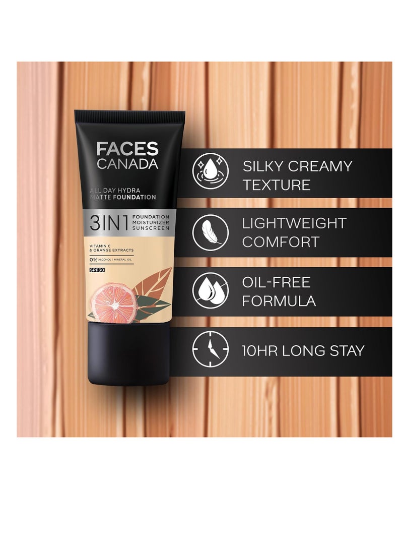 FACESCANADA All Day Hydra Matte Foundation 3 In 1 Foundation  Moisturizer Cream  Spf 30  24 Hr Aloe Hydration and Vitamin C 10Hr Long Wear Medium To High Buildable Coverage Rose Ivory 011 25Ml