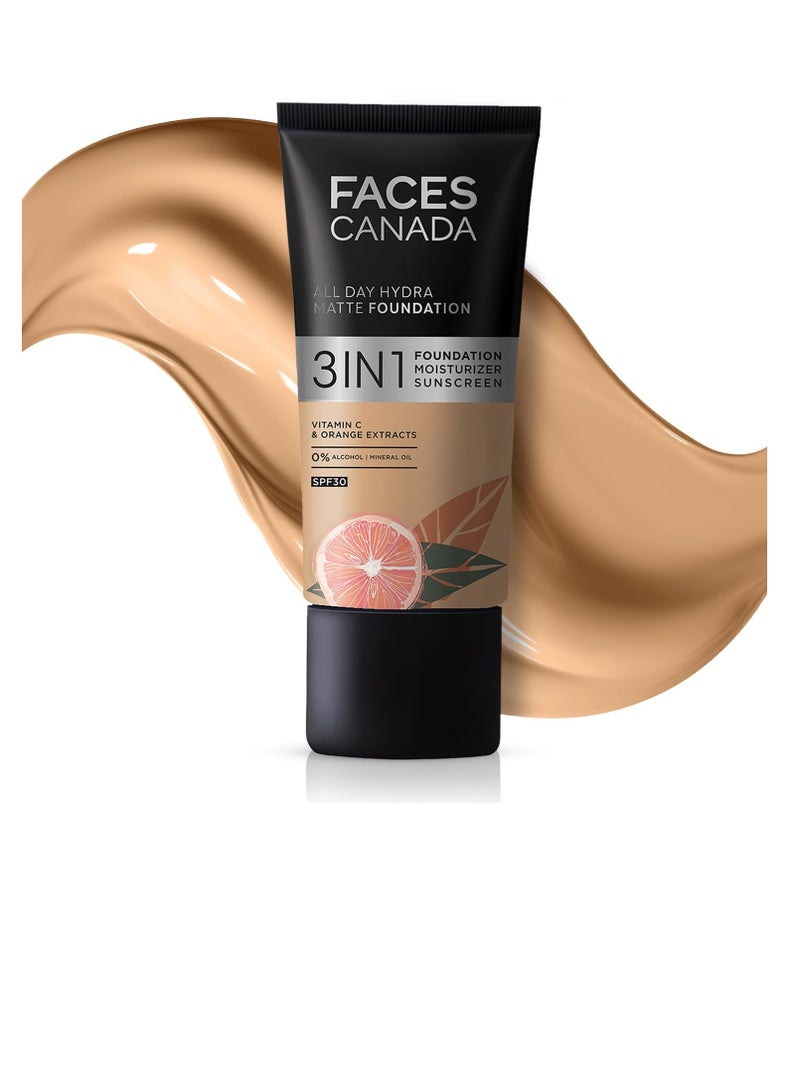 FACESCANADA All Day Hydra Matte Foundation 3 In 1 Foundation  Moisturizer Cream  Spf 30  24 Hr Aloe Hydration and Vitamin C 10Hr Long Wear Medium To High Buildable Coverage Rose Ivory 011 25Ml