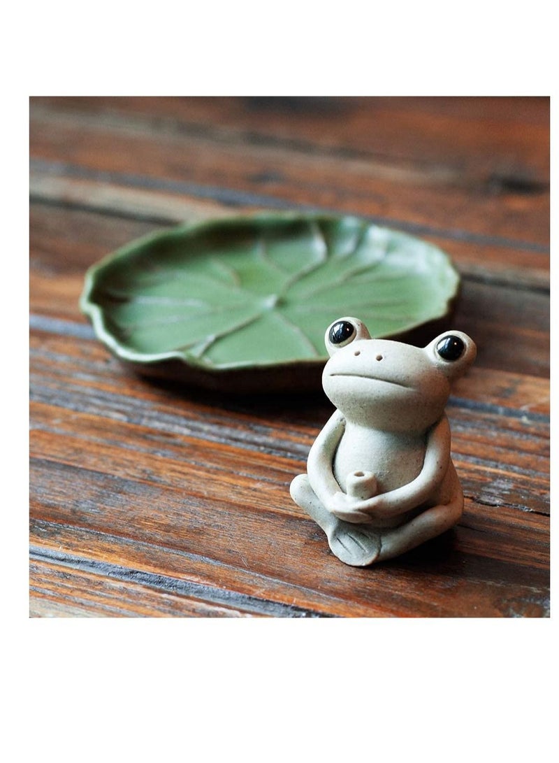 100% Handmade Ceramic Stick Incense Burner Holder,Small Frog Incense,Lotus Leaf Tray,Mini Cu te Animal Statue Home Incense Burner