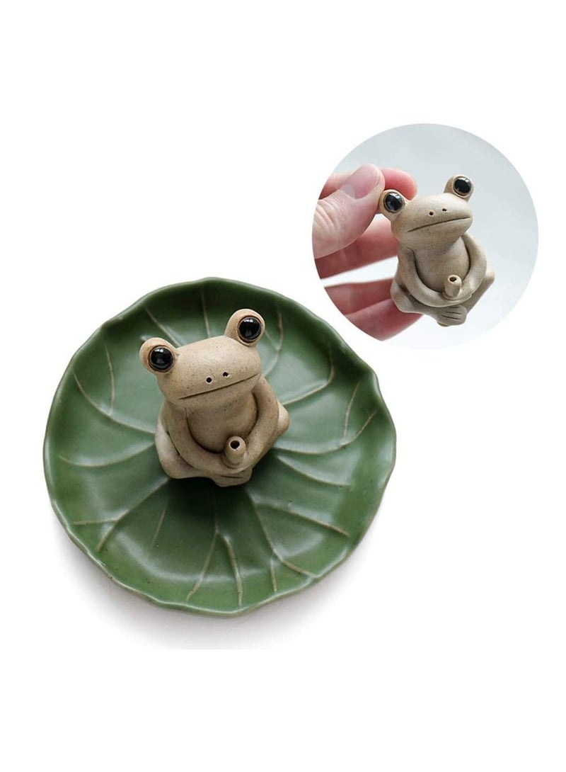 100% Handmade Ceramic Stick Incense Burner Holder,Small Frog Incense,Lotus Leaf Tray,Mini Cu te Animal Statue Home Incense Burner