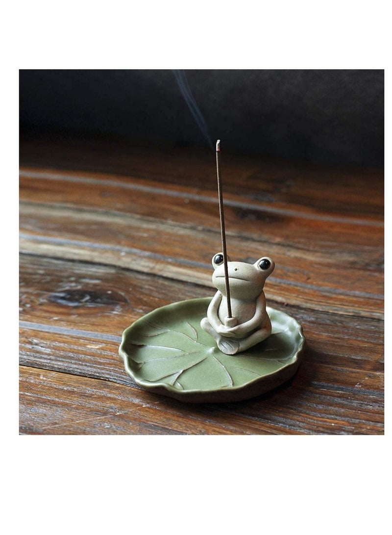 100% Handmade Ceramic Stick Incense Burner Holder,Small Frog Incense,Lotus Leaf Tray,Mini Cu te Animal Statue Home Incense Burner