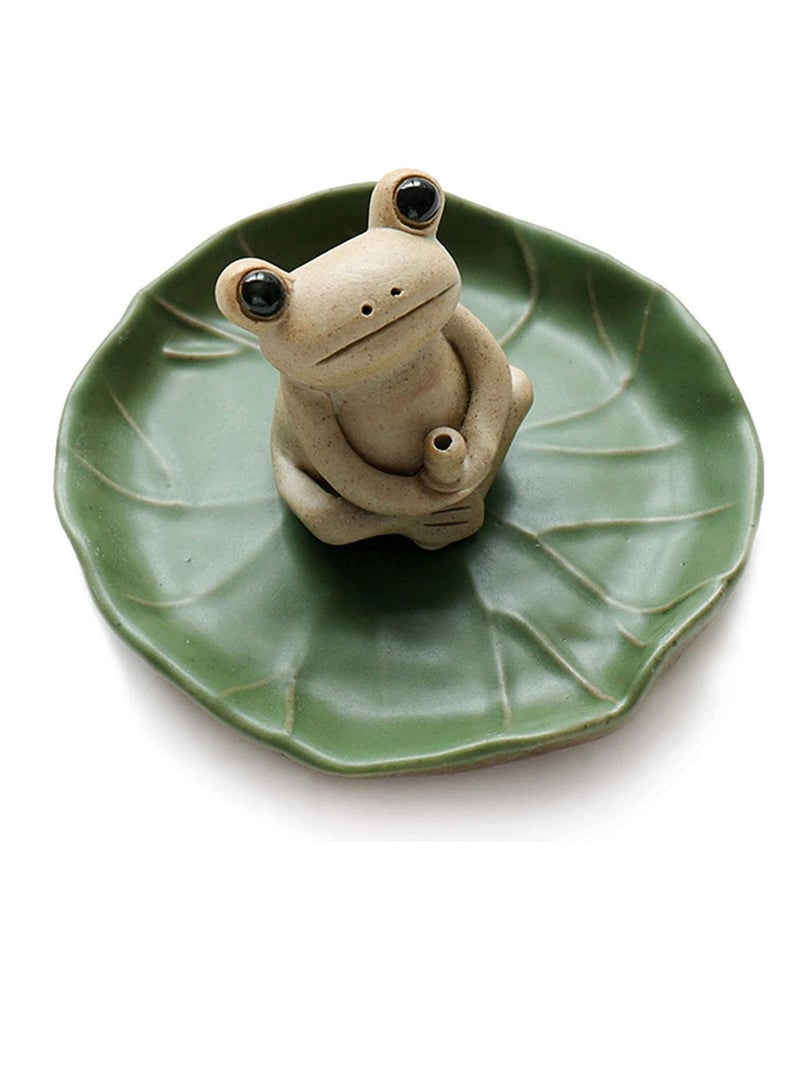 100% Handmade Ceramic Stick Incense Burner Holder,Small Frog Incense,Lotus Leaf Tray,Mini Cu te Animal Statue Home Incense Burner