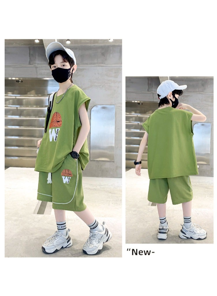 Cool Boy Fashion Print Casual Sleeveless Shorts Set Suitable For Ages 5-15