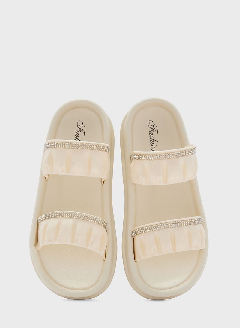 Ruched Diamante Slides