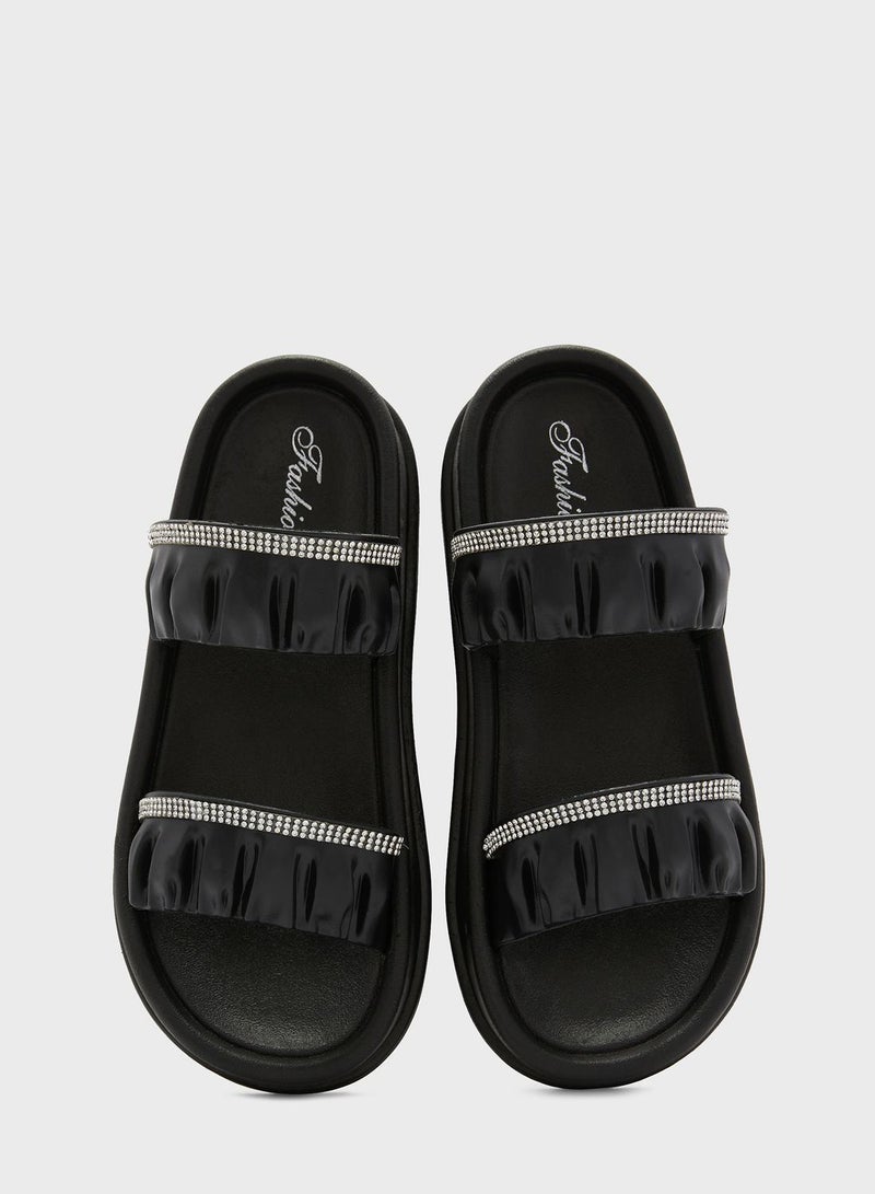 Ruched Diamante Slides