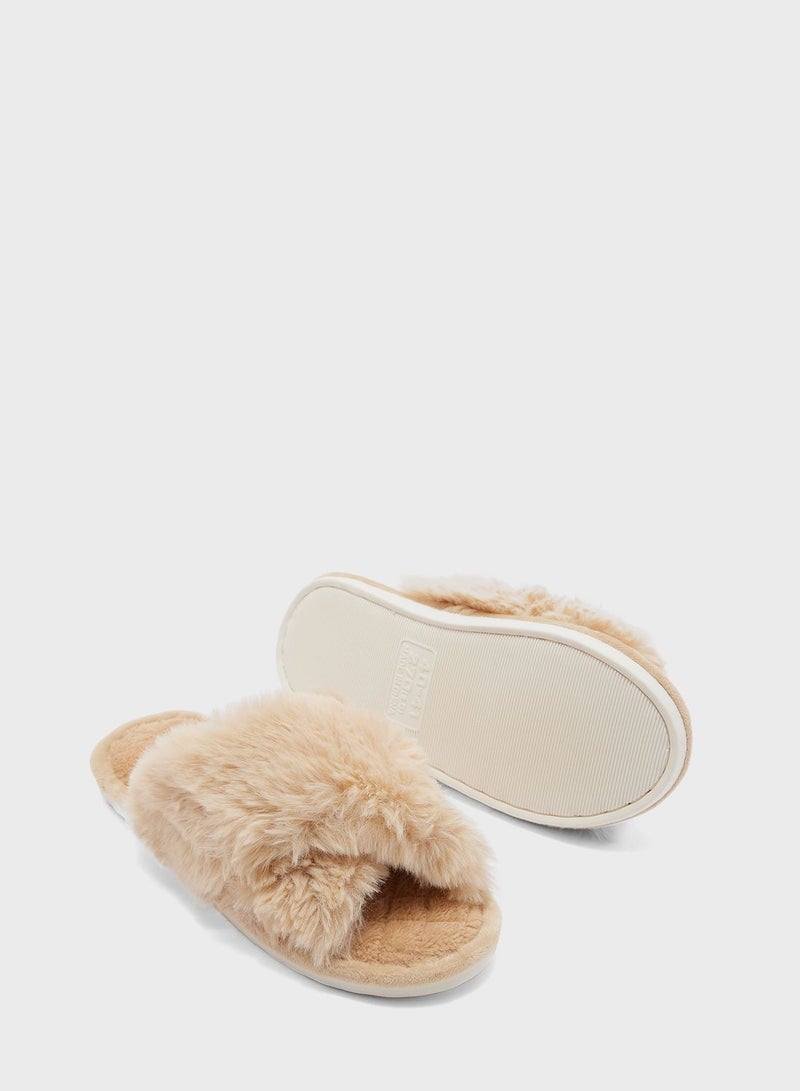 Fluffy Crossover Ladies Slipper