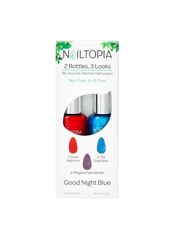 2 Bottles 3 Looks Plantbased Chip Free Nail Lacquer Kit Non Toxic Biosourced Longlasting Strengthening Polish Good Night Blue (Red With Blue Undertones And Blue Shimmer) 2 Pc