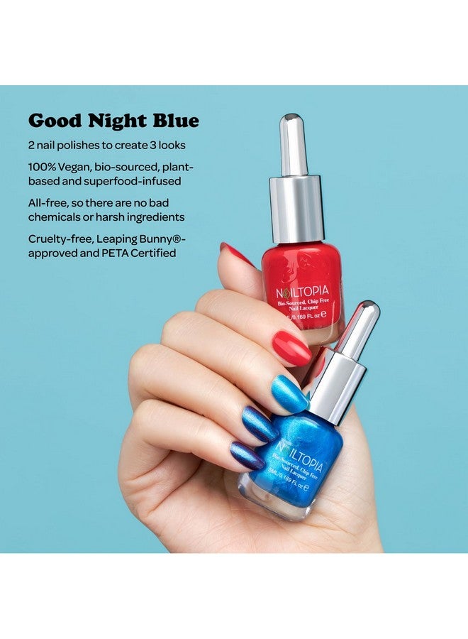 2 Bottles 3 Looks Plantbased Chip Free Nail Lacquer Kit Non Toxic Biosourced Longlasting Strengthening Polish Good Night Blue (Red With Blue Undertones And Blue Shimmer) 2 Pc