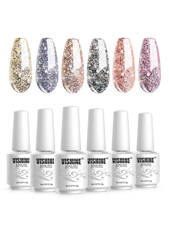 Platinum Glitter Sparkly Gel Nail Polish Set Of 6 Colors Shiny Silver Golden Gel Polish Kit Uv Led Soak Off Gel Polish Home Diy Manicure Nail Salon Art Design New Year Holiday Set