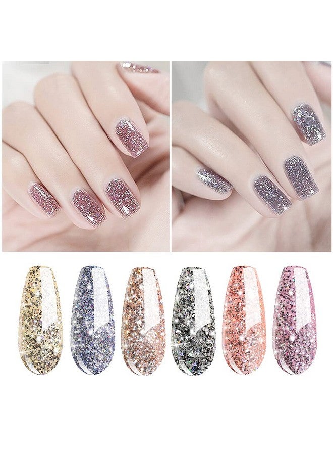 Platinum Glitter Sparkly Gel Nail Polish Set Of 6 Colors Shiny Silver Golden Gel Polish Kit Uv Led Soak Off Gel Polish Home Diy Manicure Nail Salon Art Design New Year Holiday Set