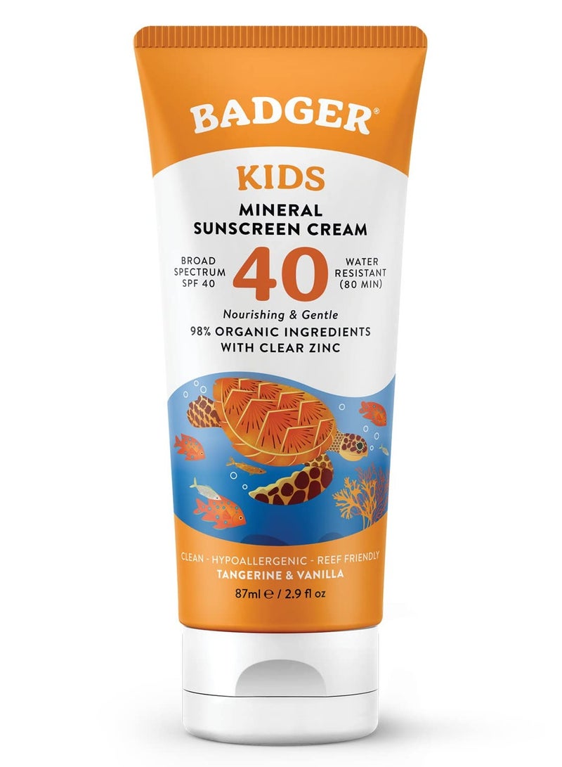 Badger Kids Sunscreen Cream SPF 40, Organic Mineral Sunscreen Kids Face & Body with Zinc Oxide, Reef Friendly, Broad Spectrum, Water Resistant, 2.9 fl oz