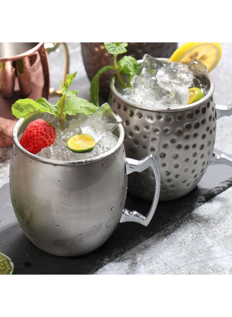 2-Pieces Moscow Mule Cup Stainless Steel Copper Hammered Cups Ice Drinking Cup Silver 530ml