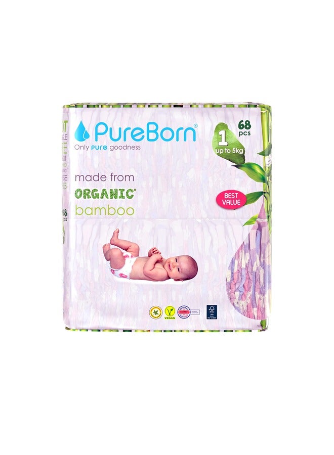 PureBorn 68PCS Organic Bamboo Diapers Size-1, Up to 5Kg