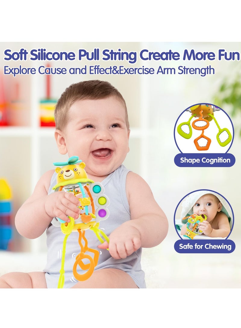 Baby Sensory Teething Toys Silicone Pull String Rattle Toys Montessori Food Grade Silicone Pull String Activity Toy for 0-18 Months Baby First Birthday Gift for Boys Girls BPA Free