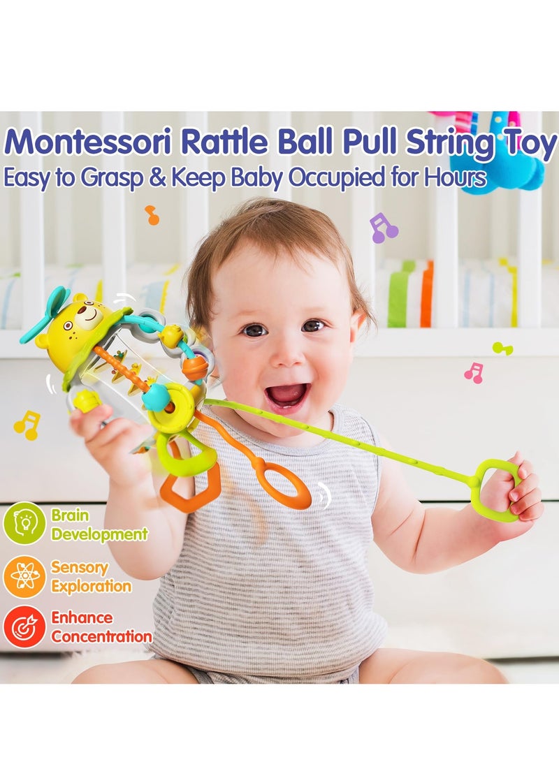 Baby Sensory Teething Toys Silicone Pull String Rattle Toys Montessori Food Grade Silicone Pull String Activity Toy for 0-18 Months Baby First Birthday Gift for Boys Girls BPA Free