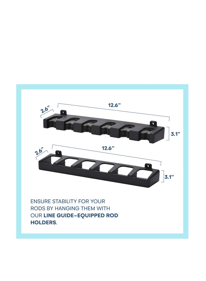 Fishing Rod Holders for Garage, Holds Up to 6 Rods or Combos,  Secure Storage Rods, Fishing Pole Rack, Organizer Wall Rod Holder, Heat & Impact Resistant, 2.6''x12.6''x3.1'' (Black)