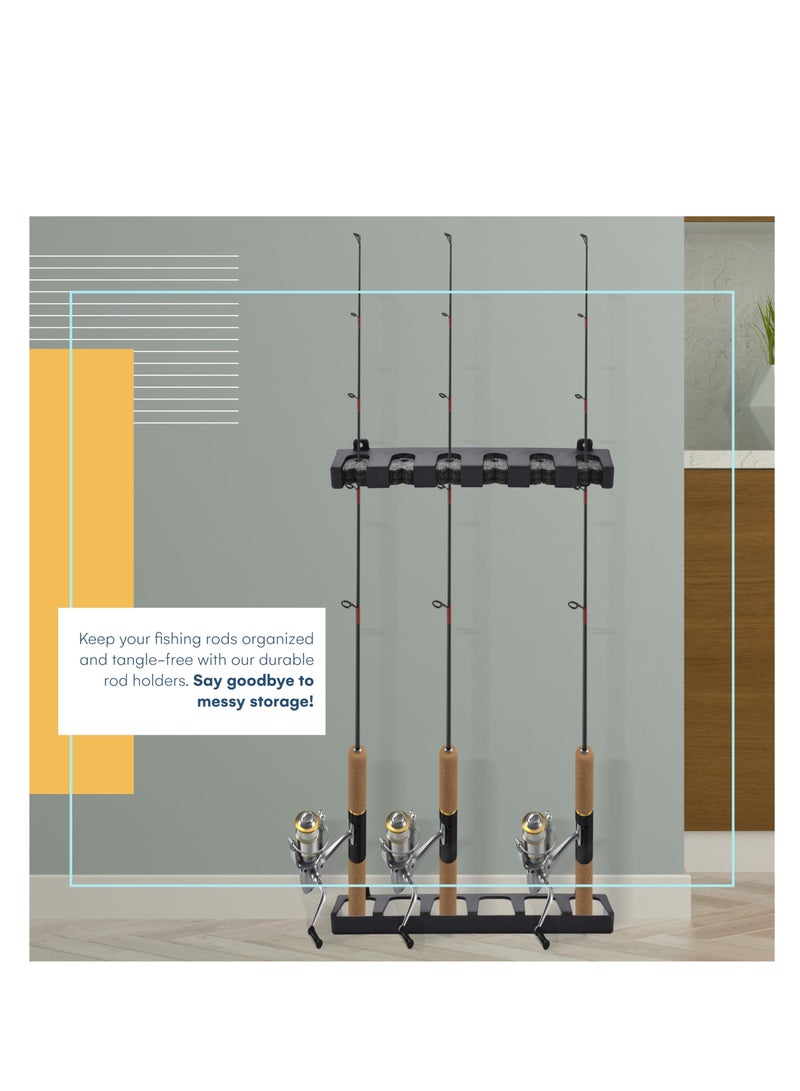 Fishing Rod Holders for Garage, Holds Up to 6 Rods or Combos,  Secure Storage Rods, Fishing Pole Rack, Organizer Wall Rod Holder, Heat & Impact Resistant, 2.6''x12.6''x3.1'' (Black)