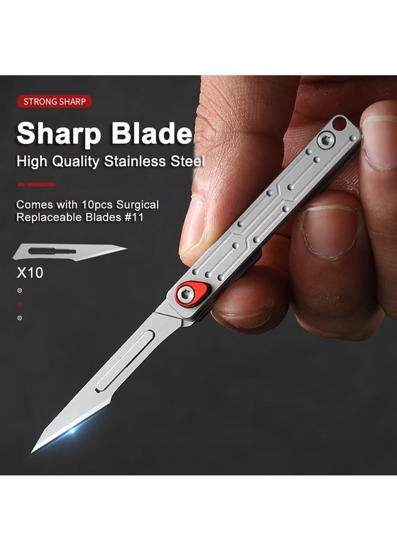 Small Keychain Knife, Mini Folding Pocket Knife with 10pcs Replaceable Surgical Blades, Scalpels Utility Knives, EDC Box Cutter for Women and Men