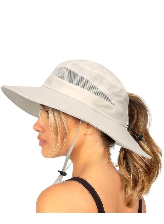 Waterproof Bucket Sun Hat for Women Wide Brim Breathable Mesh UPF50+ Safari Hat Criss Cross Ponytail Hole Outdoor Rain Hat