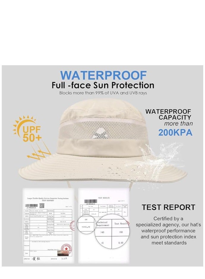 Waterproof Bucket Sun Hat for Women Wide Brim Breathable Mesh UPF50+ Safari Hat Criss Cross Ponytail Hole Outdoor Rain Hat