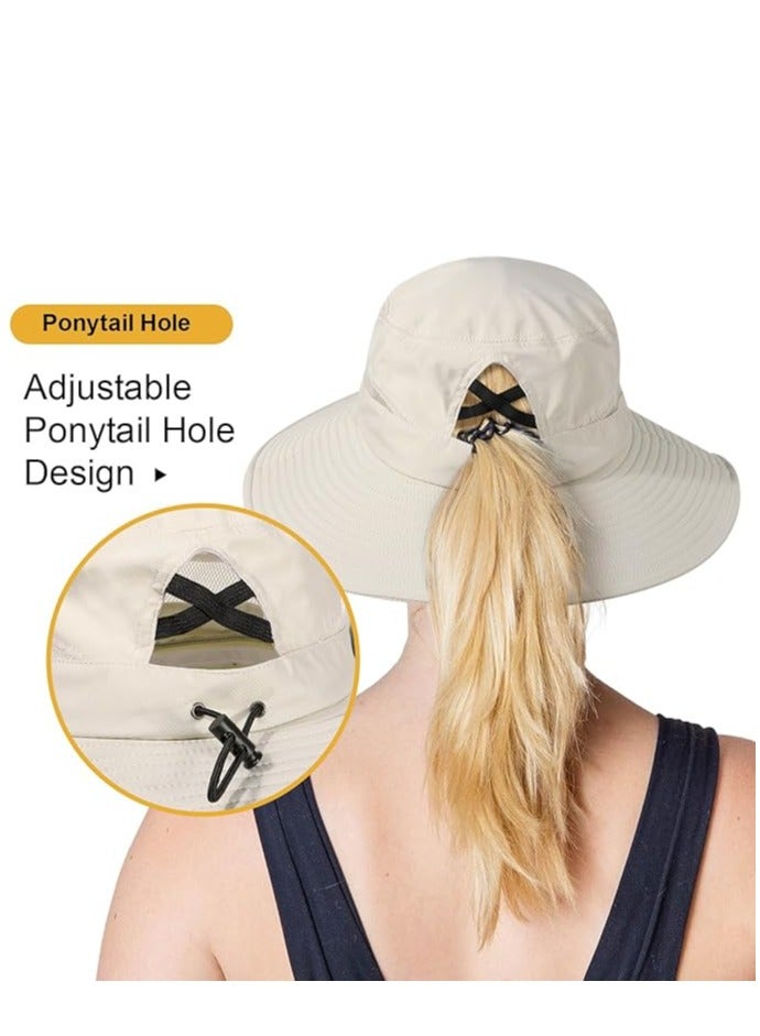 Waterproof Bucket Sun Hat for Women Wide Brim Breathable Mesh UPF50+ Safari Hat Criss Cross Ponytail Hole Outdoor Rain Hat