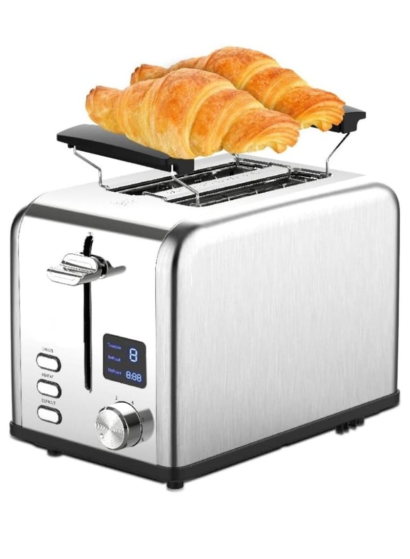 Bread Toaster 2 Slice with Bun Warmer, 1050W - Stainless Steel Toaster with Adjustable Browning Control and Extra Wide Slots