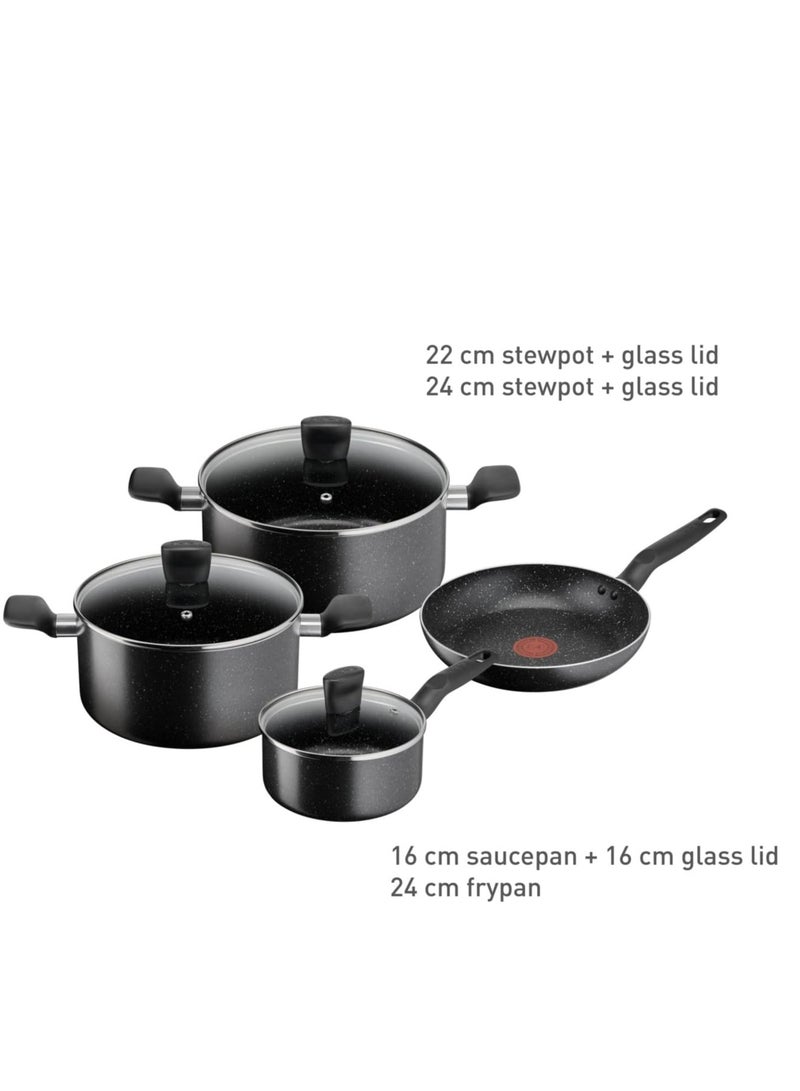 TEFAL Cookware Set | Dark Stone 7 pc Cooking Set | Non-stick | stewpots 22/24 cm+lids | saucepan 16 cm | frypan 24 cm | B491S785 black 6.91cm
