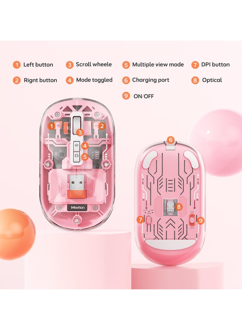Wireless Mouse Rechargeable, Multi Device Transparent Bluetooth Mouse, Slim Mouse with USB Receiver, 4 Adjustable DPI Small Mouse Silent Click for PC, Laptop, Notebook, Mac, iPad - Pink