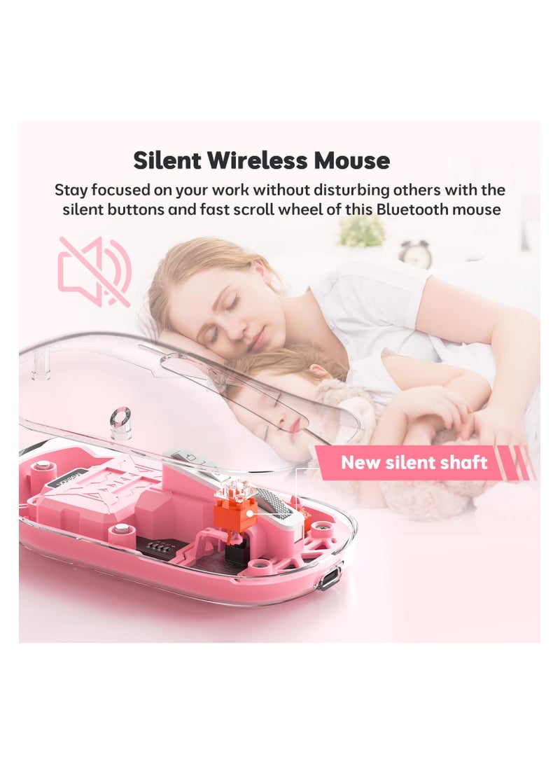 Wireless Mouse Rechargeable, Multi Device Transparent Bluetooth Mouse, Slim Mouse with USB Receiver, 4 Adjustable DPI Small Mouse Silent Click for PC, Laptop, Notebook, Mac, iPad - Pink