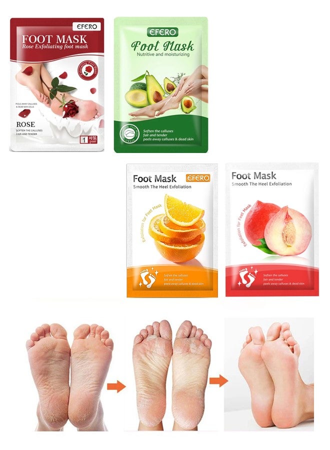 4 Pieces Foot Peeling and Exfoliating Mask, Dead Skin Removing Sock - Rose, Avocado, Orange, Peach