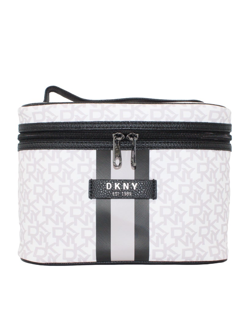 DKNY Signature Stripe 2.0 Train Case Cosmetic Bag, Travel Make up Bag Small, Small Lightweight Cosmetic Bag Storage Bag, Small Makeup Bag, Travel Toiletry Bag