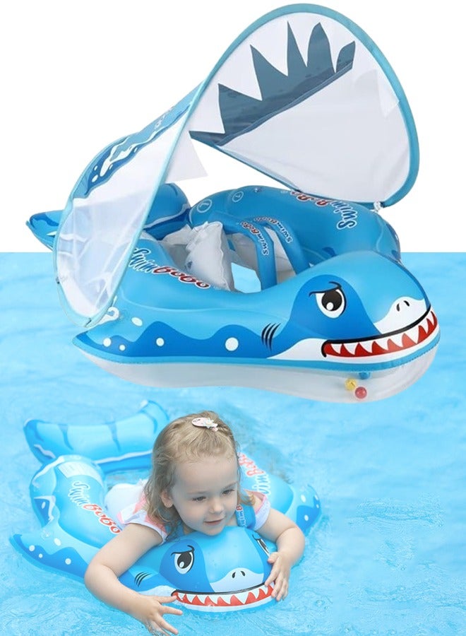 Inflatable Baby Swim Float with Sun Canopy Baby Inflatable Swimming Ring with Adjustable Sun Shade Baby Inflatable Swimming Floats Pool Float for Toddlers (Shark)