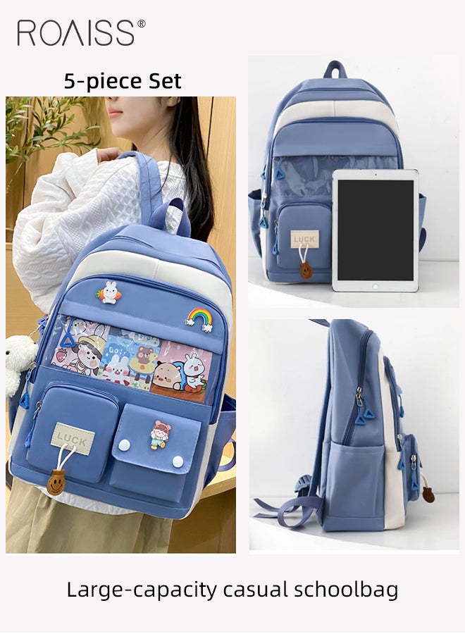 5 Pcs Casual Backpack Set for Students Including Backpack Shoulder Bag Handbag Pen Case and Coin Bag Large Capacity Cute Practical Canvas Backpack Sets for Kids with Badge and Pendant