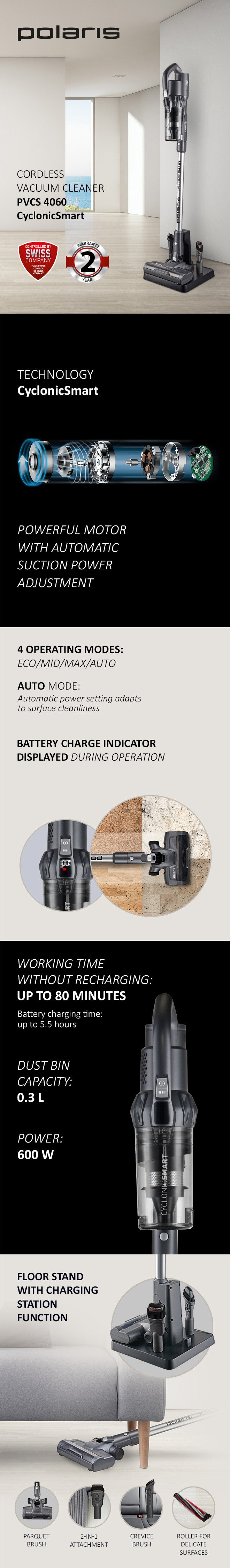 Cordless Vacuum Cleaner, Suction power 200, Inverter motor 600 W, 80 Mins Max Runtime, 2 Year Warranty