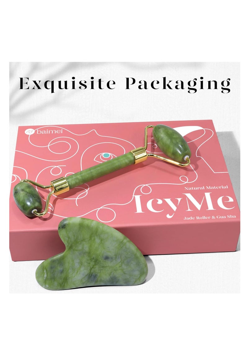 BAIMEI IcyMe Gua Sha & Jade Roller Facial Tools Face Roller and Gua Sha Set for Puffiness and Redness Reducing Skin Care Routine, Self Care Gift for Men Women - Green