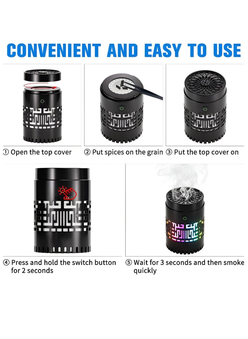 Car Bakhoor Burner 2 in 1 Portable Electric Car Bakhoor with Quran Speaker Multiple Lightning Arabic Aroma Diffuser Mini Car Incense Burner Decor for Car Home and Office USB Rechargeable