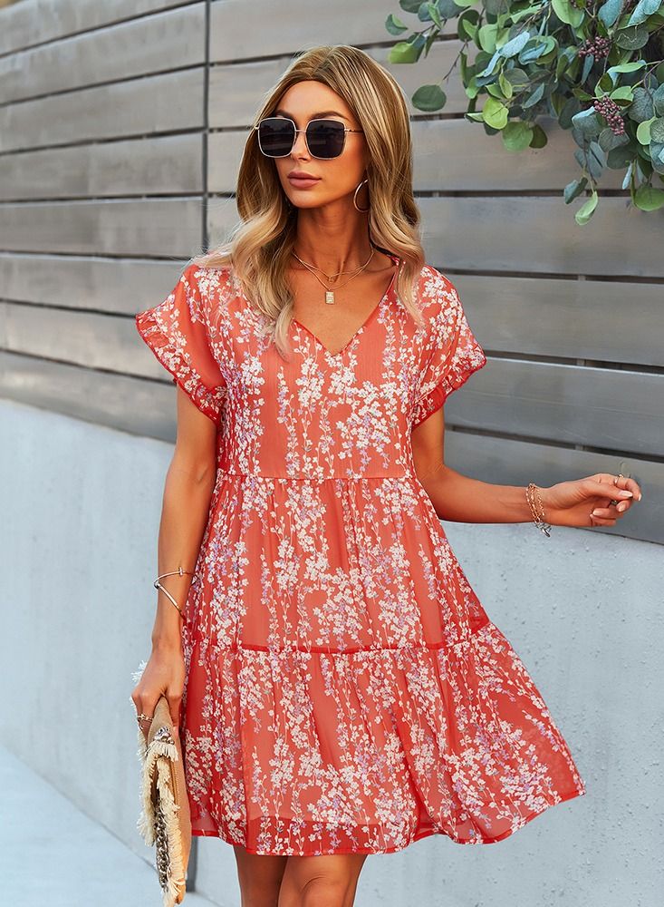 Loose Print New Dress Flowing Skirt Red