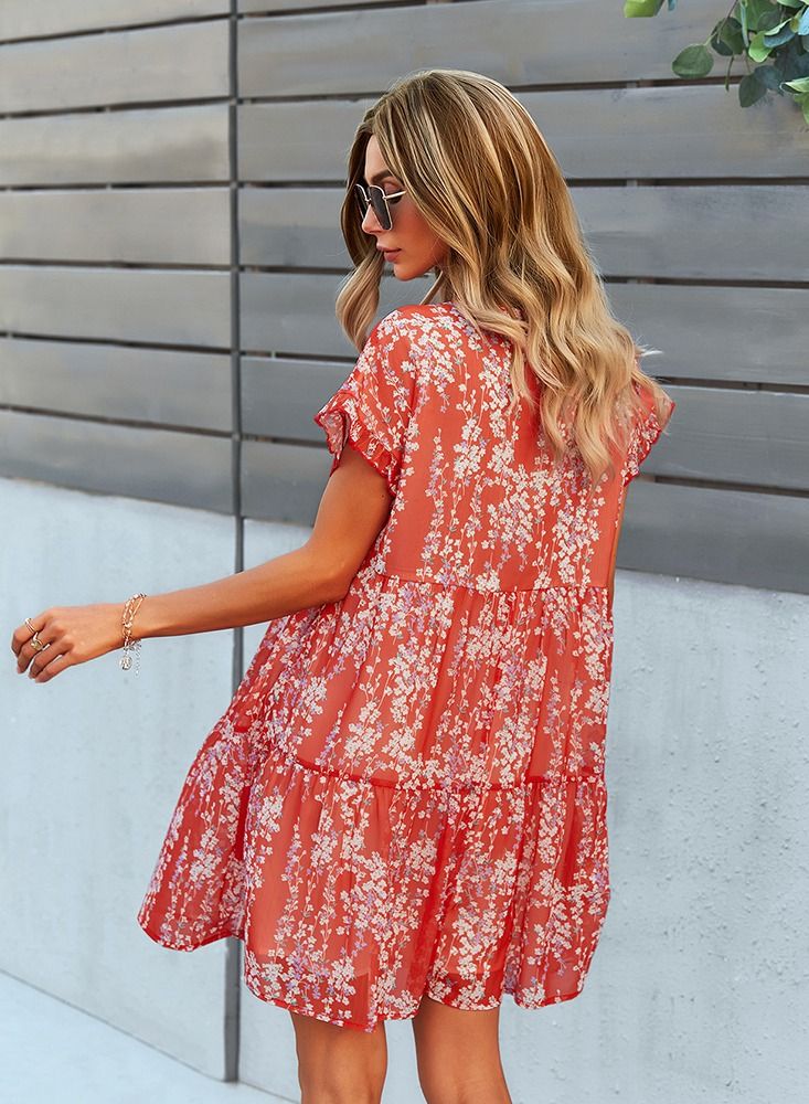 Loose Print New Dress Flowing Skirt Red