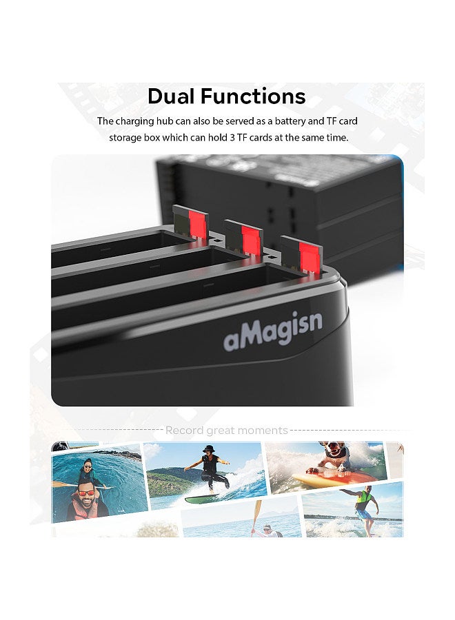 AD12 Panoramic Camera Battery Charger 3-slot Battery Charging Hub Type-C Fast Charging with TF Card Slots Compatible with Insta360 X4 Batteries