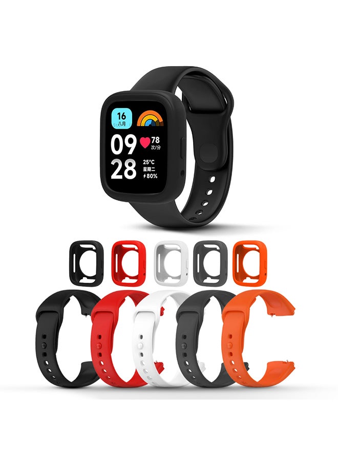 (Pack of 5) Silicone Straps For Redmi Watch 3 Active/Redmi Watch 3 Lite Band + Watch Case for Women Men- Multi