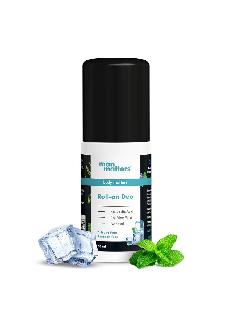 Man Matters Underarm Deodrant Roll-on 50 ml | Long Lasting Cooling Freshness, Removes Bad Odour, Brightens Underarms | 4% Lactic acid, 1% Aloe Vera & Menthol | Suitable for Sensitive Skin