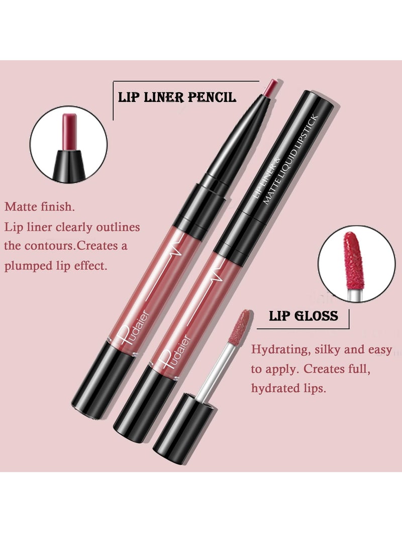 Lip Liner and Lipstick Set, Matte Liquid Lipstick and Lip Liner Pens Set, Up to 12 Hour Wear, Non-Stick Cup Lip Gloss & Lip Line Pencil Set For Women (Bean Paste Color)