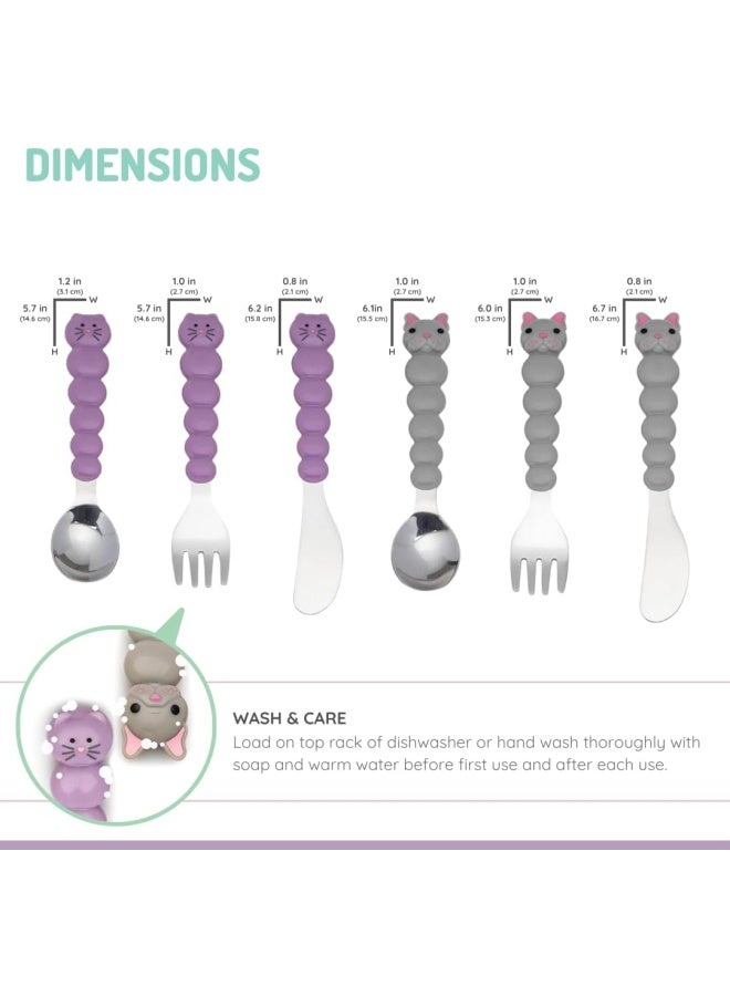 Utensil Set - Purple Cat And Grey Bulldog, 6 Pieces