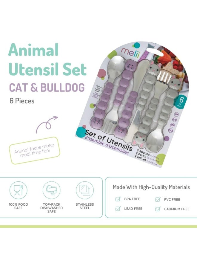 Utensil Set - Purple Cat And Grey Bulldog, 6 Pieces