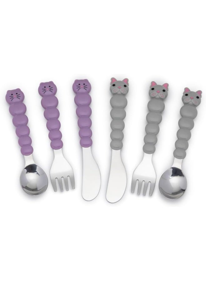 Utensil Set - Purple Cat And Grey Bulldog, 6 Pieces