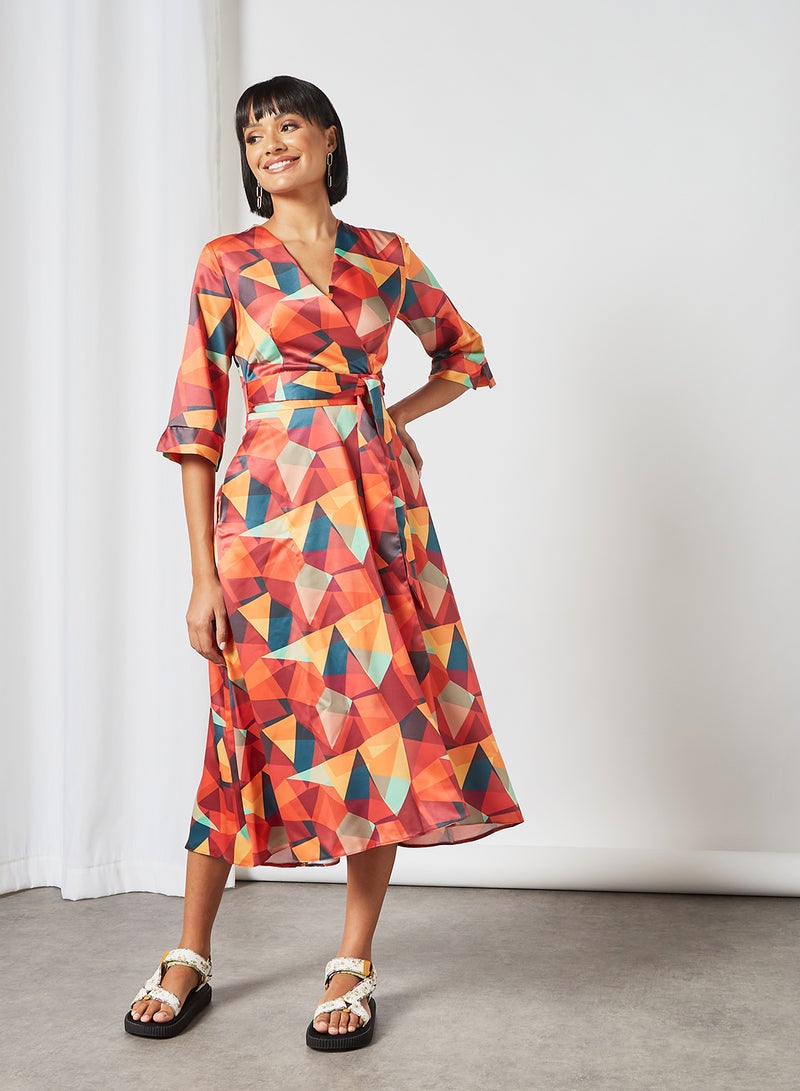 Geometrical Print Wrap Dress Orange