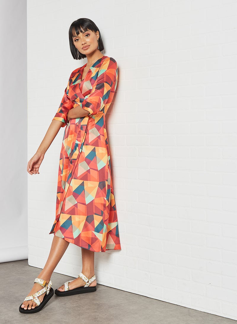 Geometrical Print Wrap Dress Orange