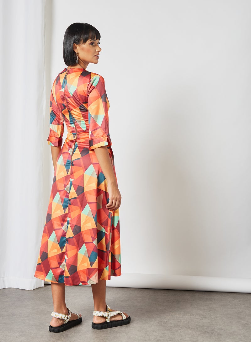 Geometrical Print Wrap Dress Orange